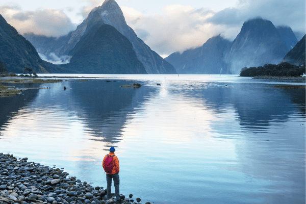 Majestätischer Blick auf den Milford Sound im Fiordland Nationalpark, Neuseeland
